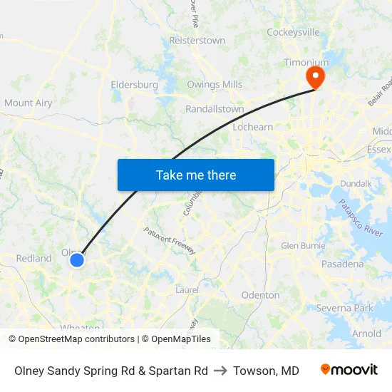 Olney Sandy Spring Rd & Spartan Rd to Towson, MD map