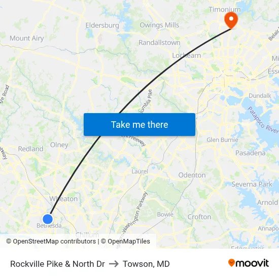 Rockville Pike & North Dr to Towson, MD map
