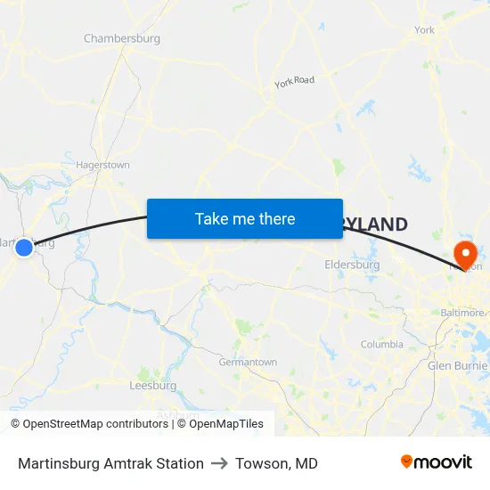 Martinsburg Amtrak Station to Towson, MD map