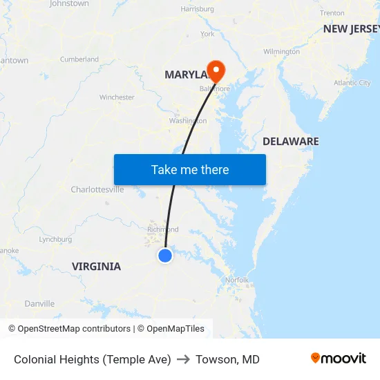 Colonial Heights (Temple Ave) to Towson, MD map