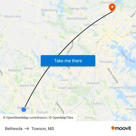 Bethesda to Towson, MD map