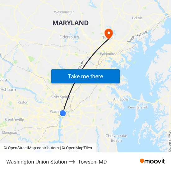 Washington Union Station to Towson, MD map