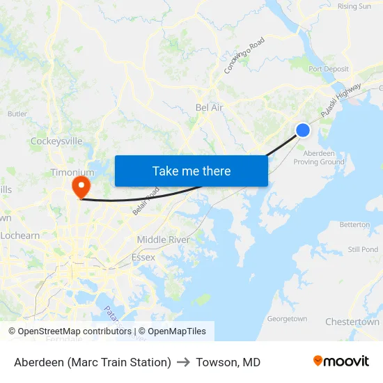 Aberdeen (Marc Train Station) to Towson, MD map
