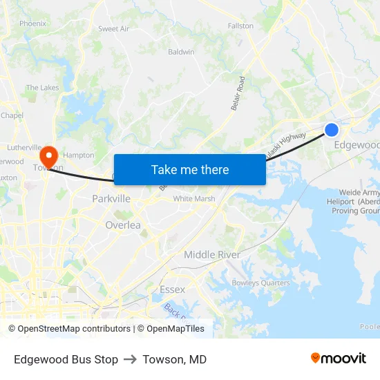 Edgewood Bus Stop to Towson, MD map