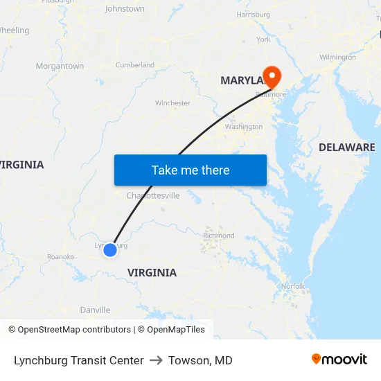 Lynchburg Transit Center to Towson, MD map