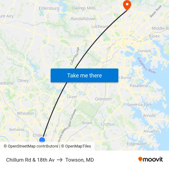 Chillum Rd & 18th Av to Towson, MD map