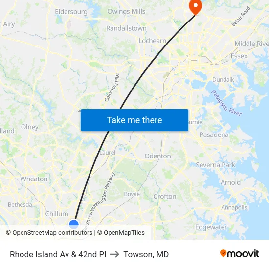 Rhode Island Av & 42nd Pl to Towson, MD map