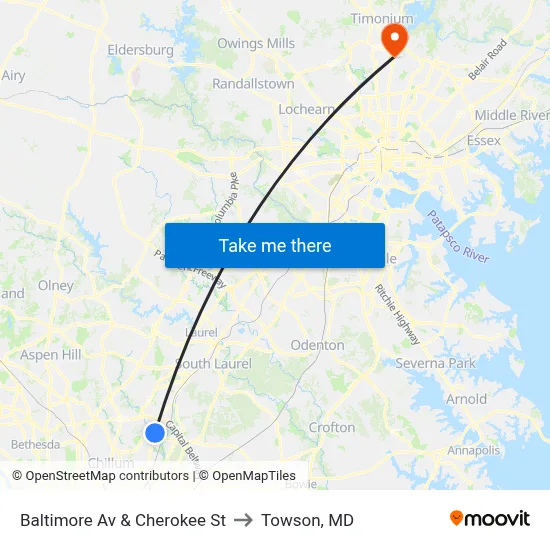 Baltimore Av & Cherokee St to Towson, MD map