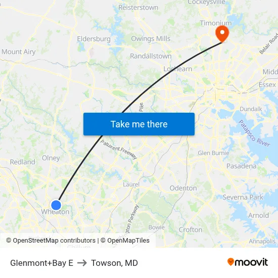 Glenmont+Bay E to Towson, MD map