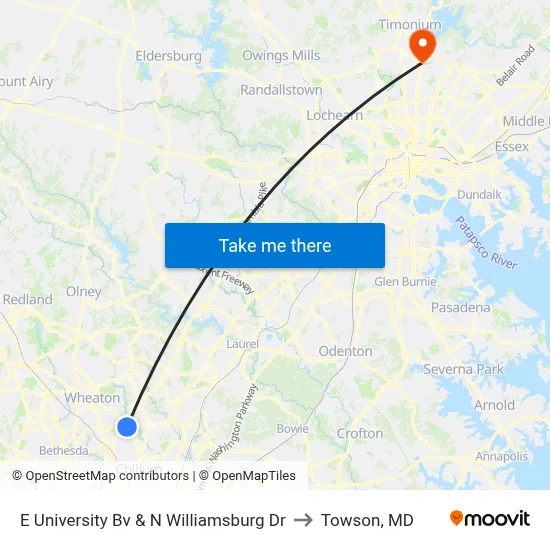 E University Bv & N Williamsburg Dr to Towson, MD map