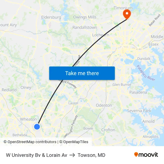 W University Bv & Lorain Av to Towson, MD map