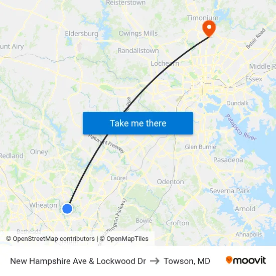 New Hampshire Ave & Lockwood Dr to Towson, MD map