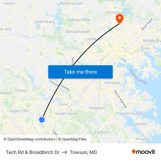 Tech Rd & Broadbirch Dr to Towson, MD map