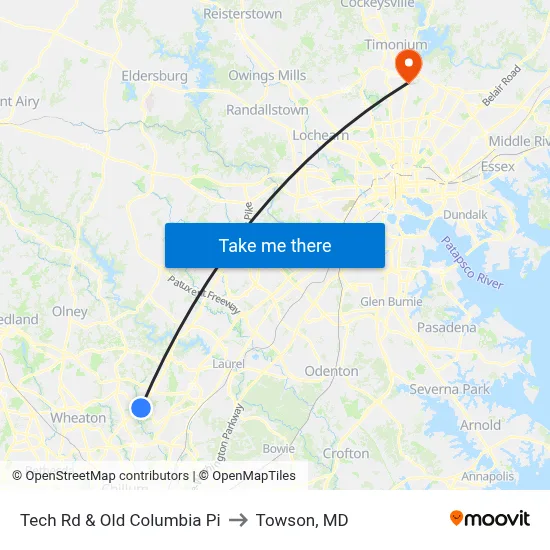 Tech Rd & Old Columbia Pi to Towson, MD map