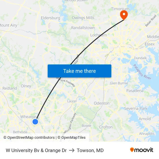 W University Bv & Orange Dr to Towson, MD map