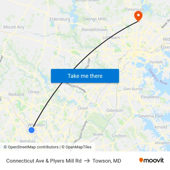 Connecticut Ave & Plyers Mill Rd to Towson, MD map