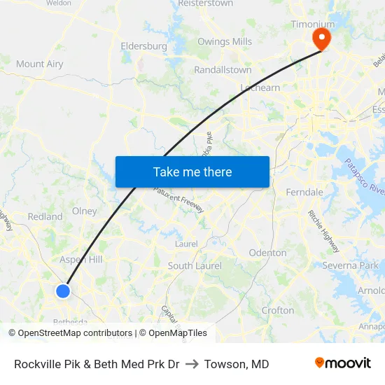 Rockville Pik & Beth Med Prk Dr to Towson, MD map