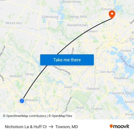 Nicholson La & Huff Ct to Towson, MD map