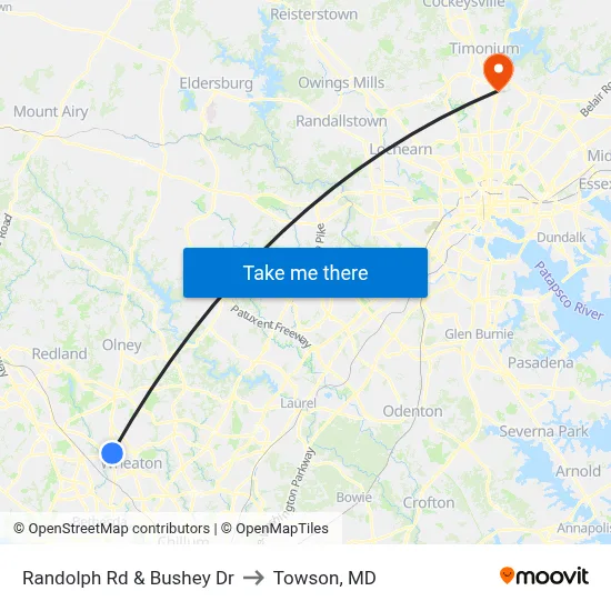 Randolph Rd & Bushey Dr to Towson, MD map