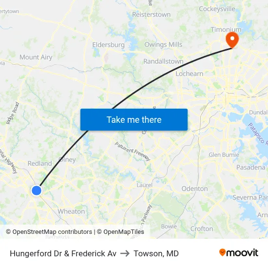 Hungerford Dr & Frederick Av to Towson, MD map
