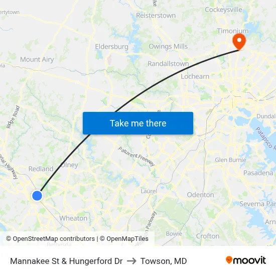 Mannakee St & Hungerford  Dr to Towson, MD map