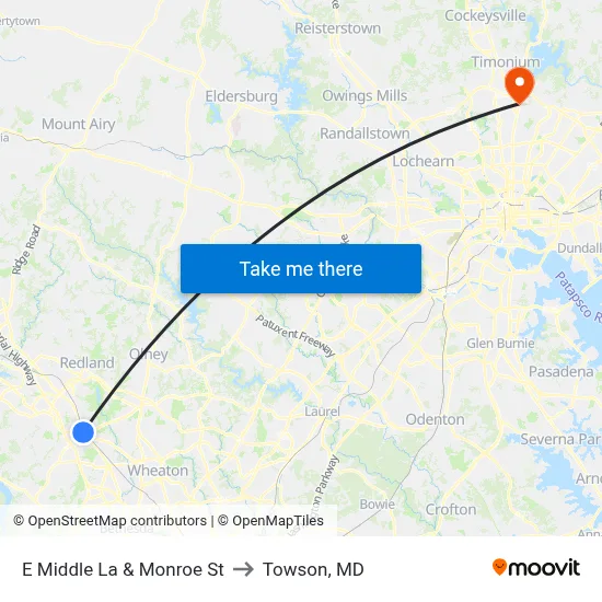E Middle La & Monroe St to Towson, MD map
