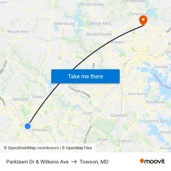 Parklawn Dr & Wilkens Ave to Towson, MD map