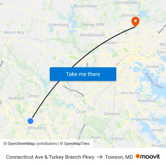 Connecticut Ave & Turkey Branch Pkwy to Towson, MD map