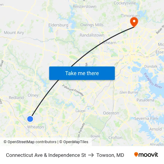Connecticut Ave & Independence St to Towson, MD map