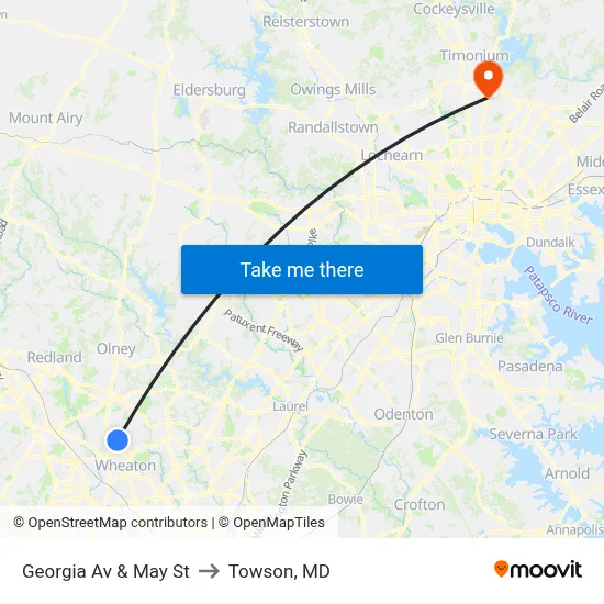 Georgia Av & May St to Towson, MD map