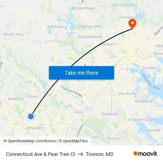 Connecticut Ave & Pear Tree Ct to Towson, MD map