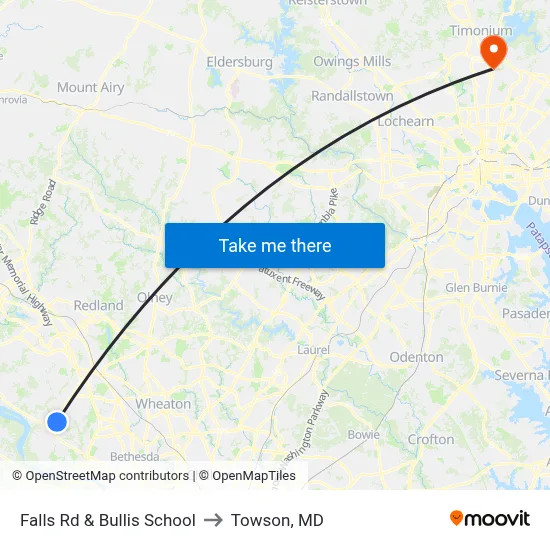 Falls Rd & Bullis School to Towson, MD map