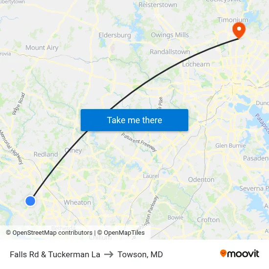 Falls Rd & Tuckerman La to Towson, MD map