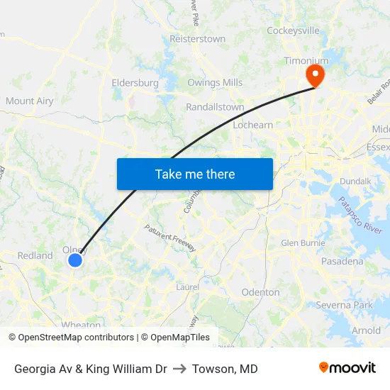 Georgia Av & King William Dr to Towson, MD map