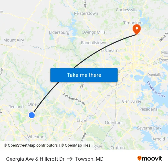 Georgia Ave & Hillcroft Dr to Towson, MD map