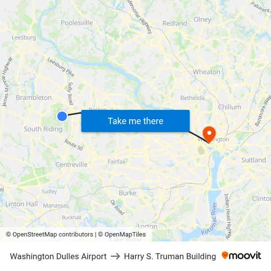 Washington Dulles Airport to Harry S. Truman Building map