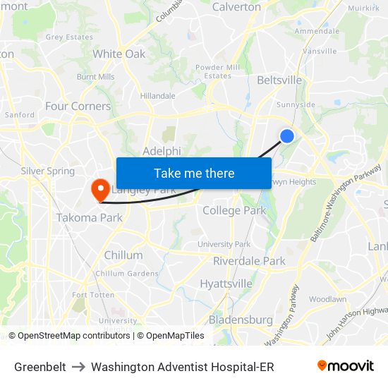 Greenbelt to Washington Adventist Hospital-ER map