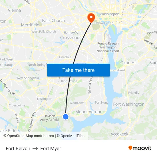 Fort Belvoir to Fort Myer map