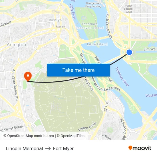Lincoln Memorial to Fort Myer map