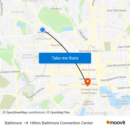 Baltimore to Hilton Baltimore Convention Center map