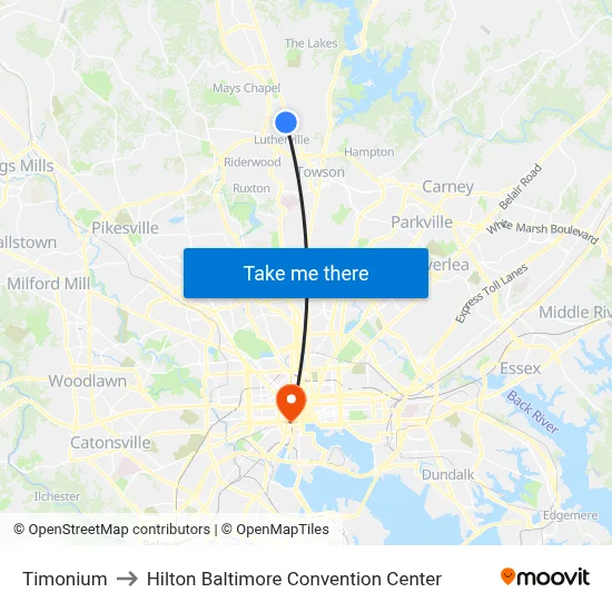 Timonium to Hilton Baltimore Convention Center map