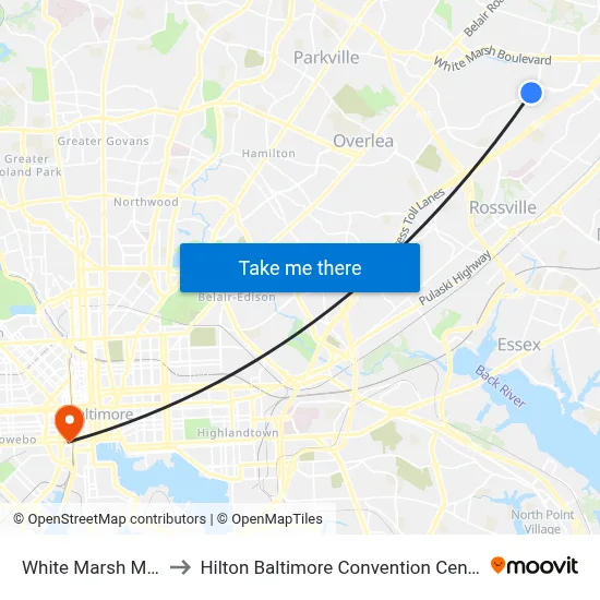 White Marsh Mall to Hilton Baltimore Convention Center map