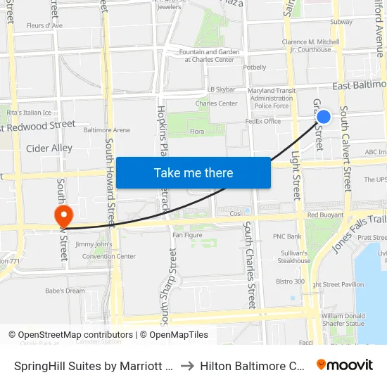 SpringHill Suites by Marriott Baltimore Inner Harbor to Hilton Baltimore Convention Center map