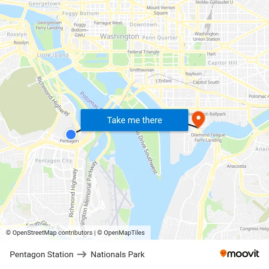 Pentagon Station to Nationals Park map