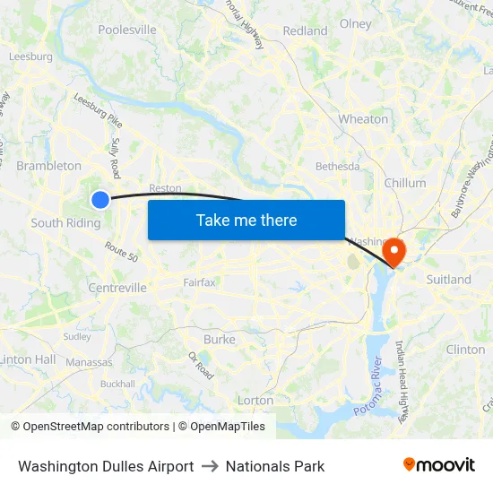 Washington Dulles Airport to Nationals Park map
