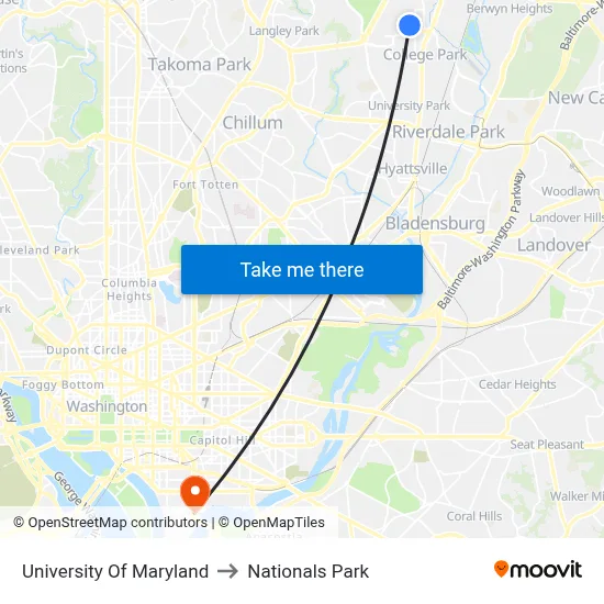 University Of Maryland to Nationals Park map