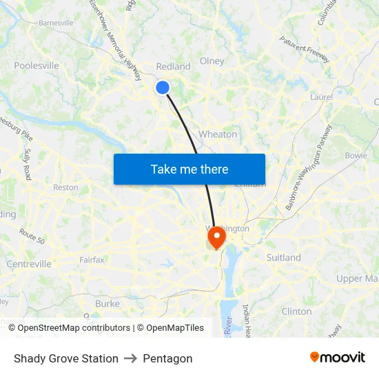 Shady Grove Station to Pentagon map