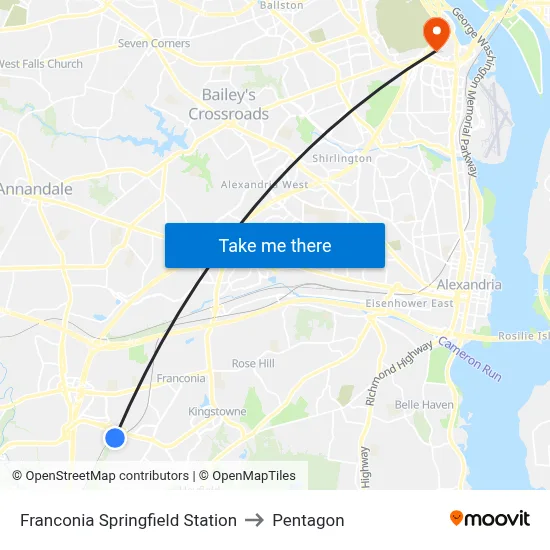 Franconia Springfield Station to Pentagon map