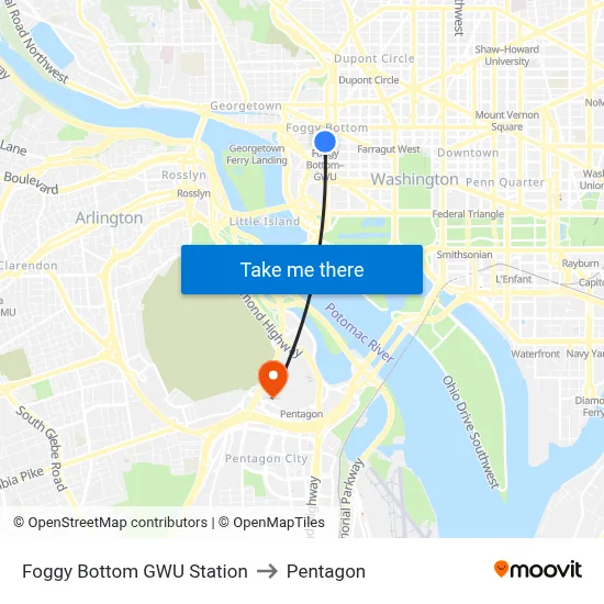 Foggy Bottom GWU Station to Pentagon map