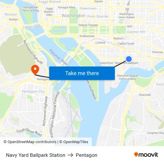 Navy Yard Ballpark Station to Pentagon map